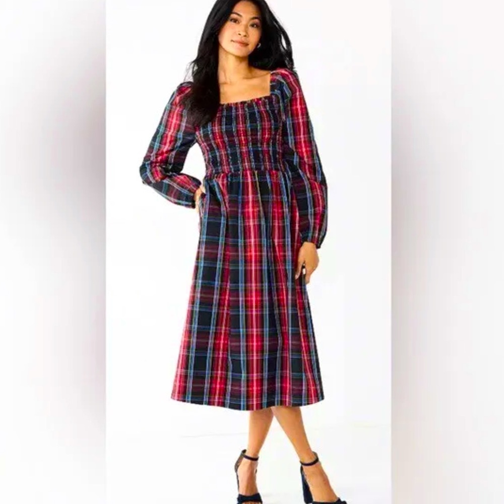 DRAPER JAMES RSVP Smocked Plaid Dress Red & Black Size XL NWT